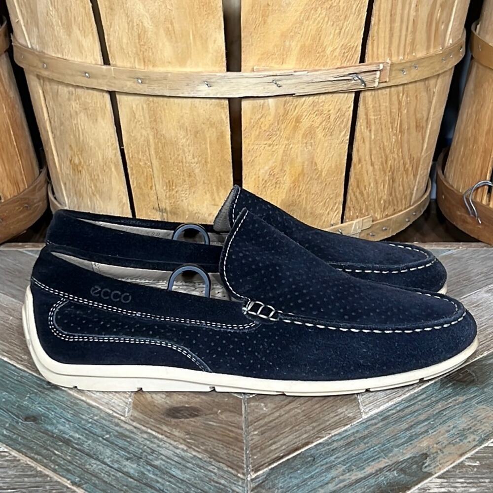 Ecco Black Suede Perforated Driving Moc Slip-On Loafers Shoes Mens EU 41 Size 7